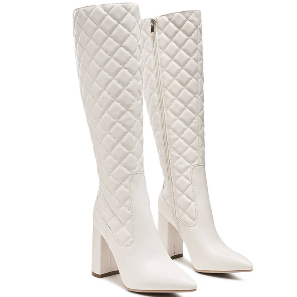 London Rag White Knee High Go Go Boots Quilted Pointed Toe Size 8